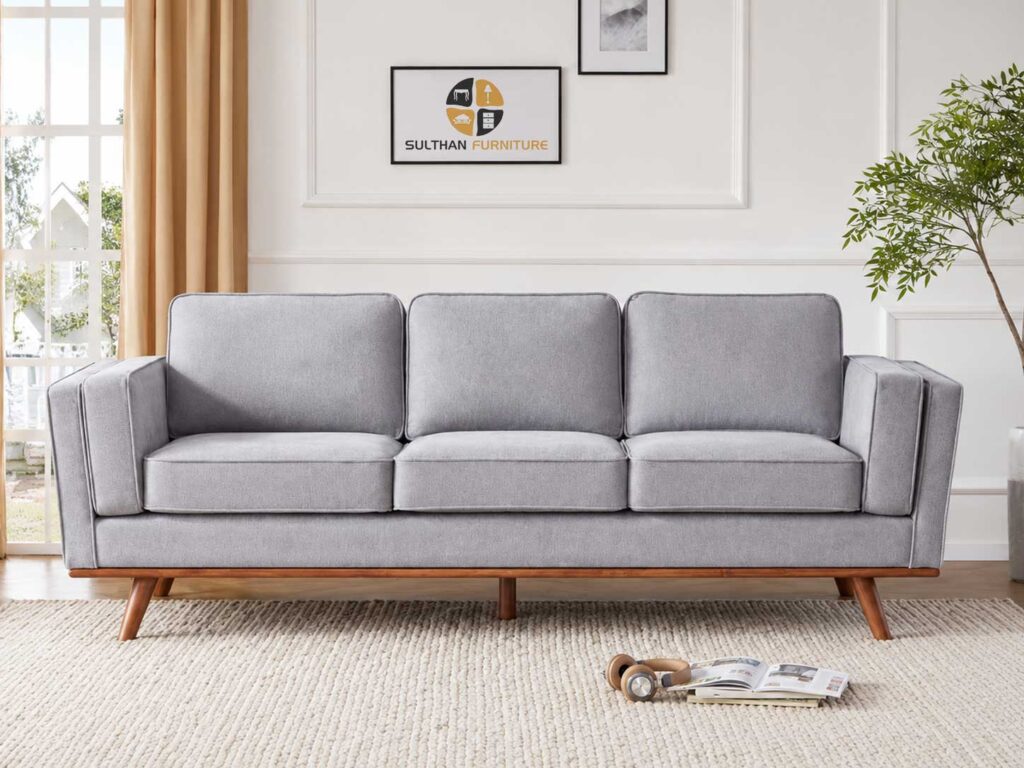 sofa juwita 3 seat kayu jati fabric linen abu-abu ruang tamu minimalis