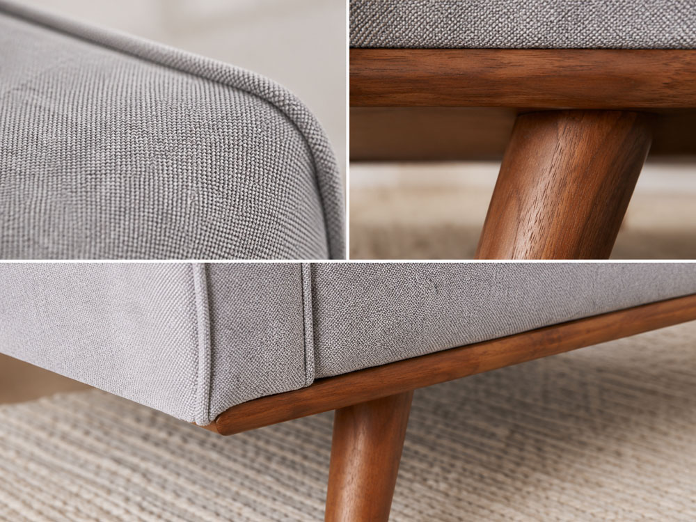 detail tekstur fabric linen sofa juwita dan finishing natural wood kayu jati